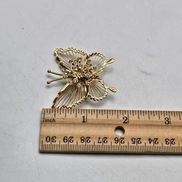 Gold Tone Monet Butterfly Brooch With Clear Rhinestones - Picture 5 of 5